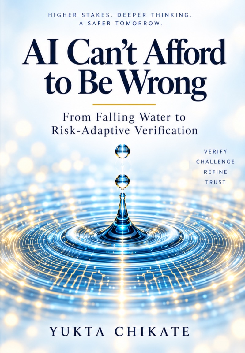 Book cover: AI Can&rsquo;t Afford to Be Wrong, From Falling Water to Risk-Adaptive Verification, by Yukta Chikate