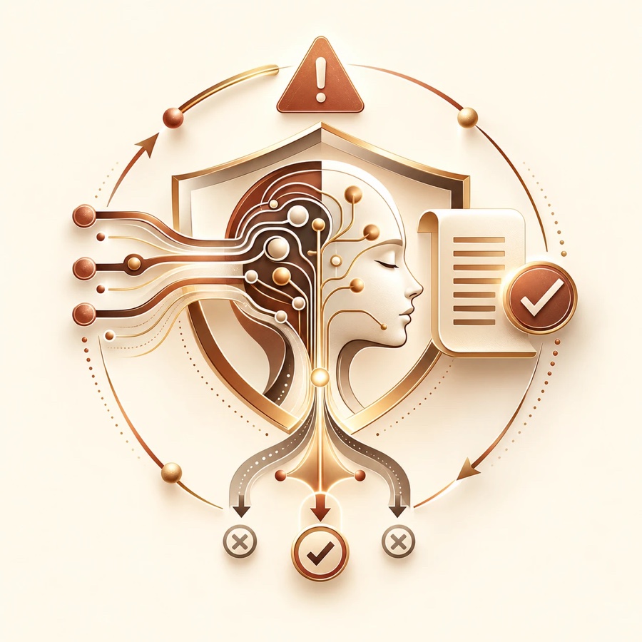 Concept illustration: a stylized AI mind inside a shield, with proposed actions routed to either an approved checkmark or rejected outcomes.